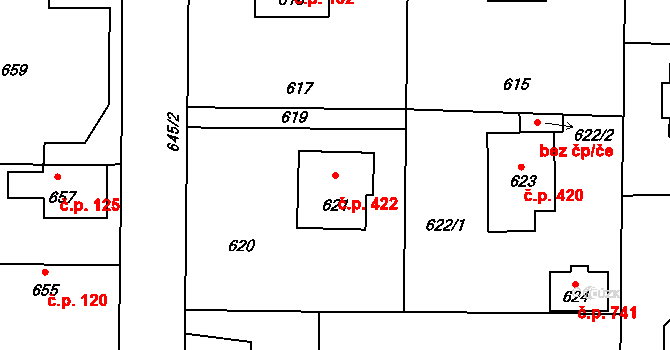 Průhonice 422 na parcele st. 621 v KÚ Průhonice, Katastrální mapa