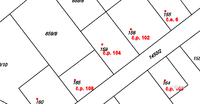 Hornická Čtvrť 104, Chvaletice na parcele st. 159 v KÚ Chvaletice, Katastrální mapa