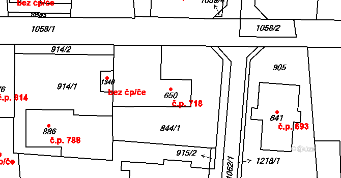 Svítkov 718, Pardubice na parcele st. 650 v KÚ Svítkov, Katastrální mapa