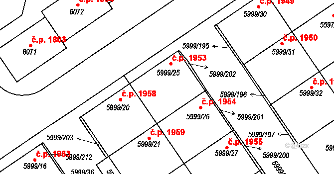 Velké Meziříčí 1953 na parcele st. 5999/25 v KÚ Velké Meziříčí, Katastrální mapa