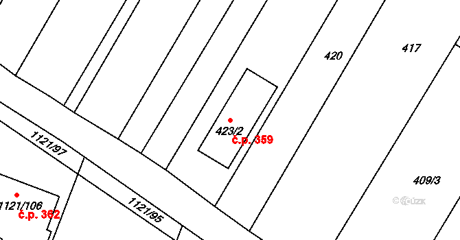 Perná 359 na parcele st. 423/2 v KÚ Perná, Katastrální mapa