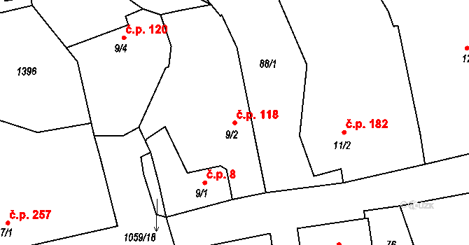 Herálec 118 na parcele st. 9/2 v KÚ Herálec, Katastrální mapa