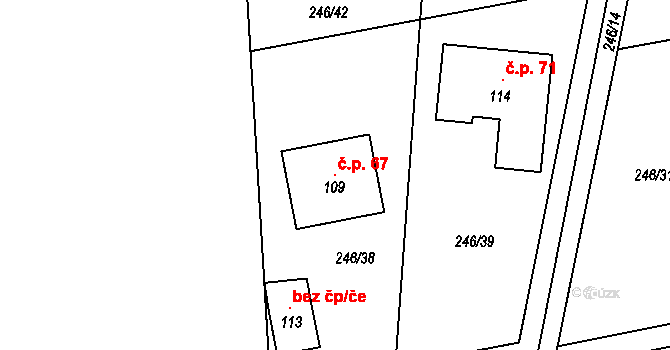 Mezholezy 67 na parcele st. 109 v KÚ Mezholezy u Černíkova, Katastrální mapa