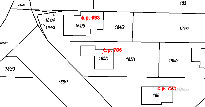 Pozořice 785 na parcele st. 185/4 v KÚ Pozořice, Katastrální mapa