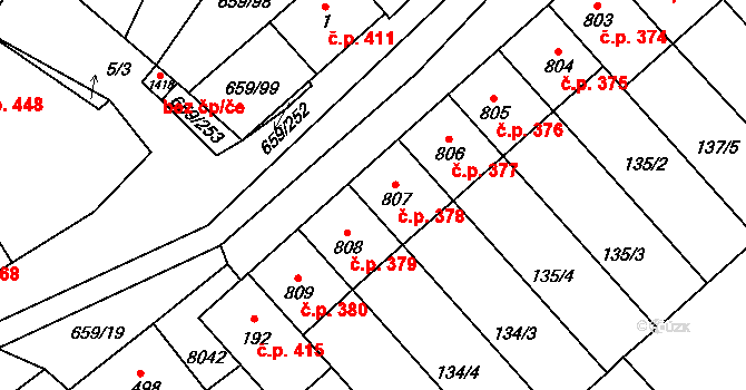 Březí 378 na parcele st. 807 v KÚ Březí u Mikulova, Katastrální mapa