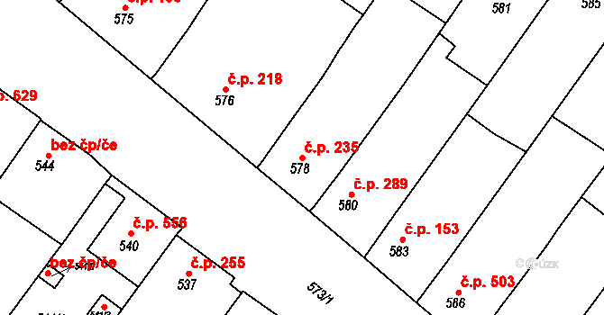 Hrušky 235 na parcele st. 578 v KÚ Hrušky, Katastrální mapa