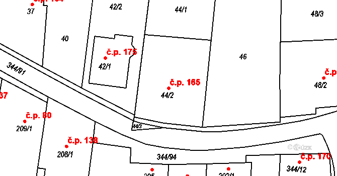 Milovice 165 na parcele st. 44/2 v KÚ Milovice u Mikulova, Katastrální mapa