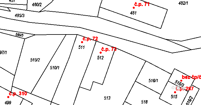 Rychlov 73, Bystřice pod Hostýnem na parcele st. 512 v KÚ Rychlov u Bystřice pod Hostýnem, Katastrální mapa