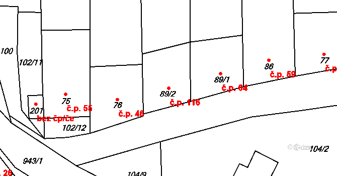 Hlinsko pod Hostýnem 116, Bystřice pod Hostýnem na parcele st. 89/2 v KÚ Hlinsko pod Hostýnem, Katastrální mapa