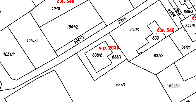 Trnovany 2038, Teplice na parcele st. 838/2 v KÚ Teplice-Trnovany, Katastrální mapa