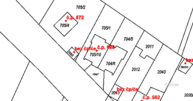 Křimice 688, Plzeň na parcele st. 705/10 v KÚ Křimice, Katastrální mapa