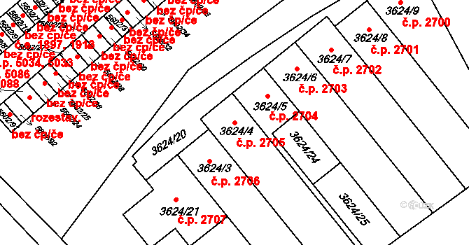 Znojmo 2705 na parcele st. 3624/4 v KÚ Znojmo-město, Katastrální mapa