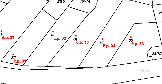 Budiměřice 33 na parcele st. 64 v KÚ Budiměřice, Katastrální mapa