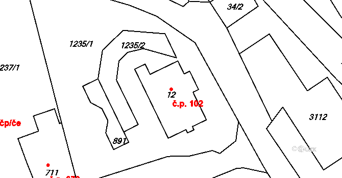 Luby 102 na parcele st. 12 v KÚ Luby I, Katastrální mapa