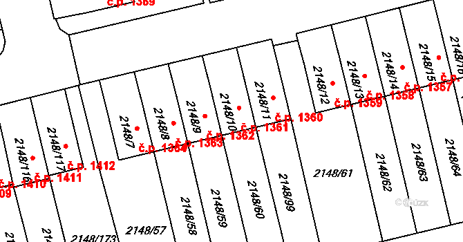 Nový Bor 1361 na parcele st. 2148/10 v KÚ Nový Bor, Katastrální mapa