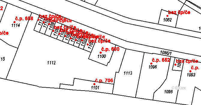 Švermov 680, Kladno na parcele st. 1100 v KÚ Motyčín, Katastrální mapa