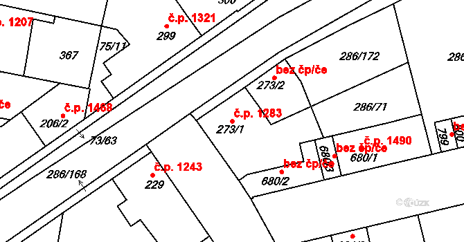 Švermov 1283, Kladno na parcele st. 273/1 v KÚ Hnidousy, Katastrální mapa