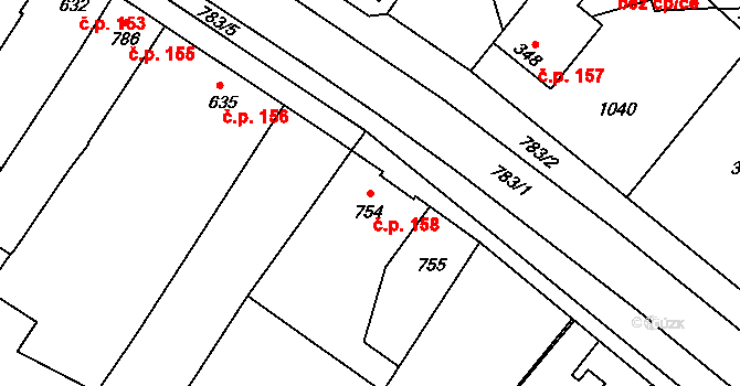 Křelov 158, Křelov-Břuchotín na parcele st. 754 v KÚ Křelov, Katastrální mapa