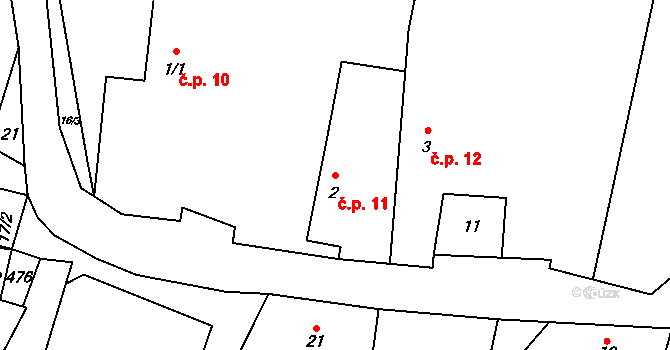 Těchobuzice 11, Ploskovice na parcele st. 2 v KÚ Těchobuzice, Katastrální mapa
