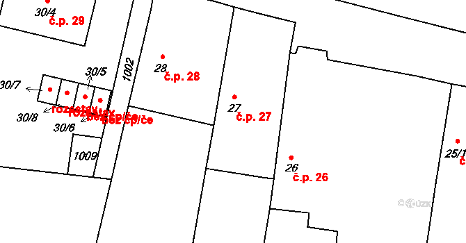 Buzice 27 na parcele st. 27 v KÚ Buzice, Katastrální mapa