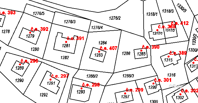 Miřetice u Klášterce nad Ohří 407, Klášterec nad Ohří na parcele st. 1283 v KÚ Miřetice u Klášterce nad Ohří, Katastrální mapa