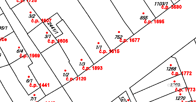 Břeclav 1615 na parcele st. 1/1 v KÚ Břeclav, Katastrální mapa