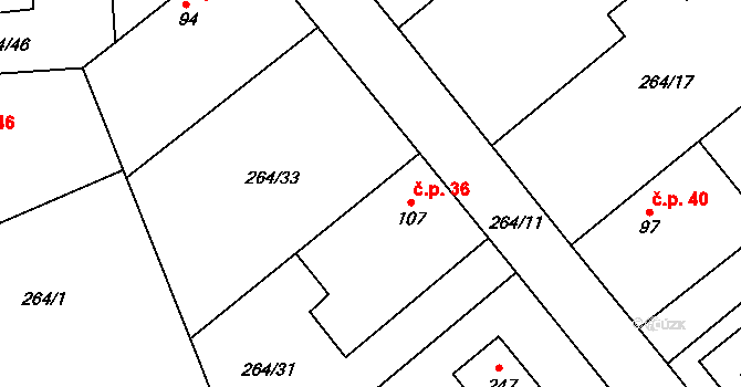 Sadová 36 na parcele st. 107 v KÚ Sadová u Sovětic, Katastrální mapa