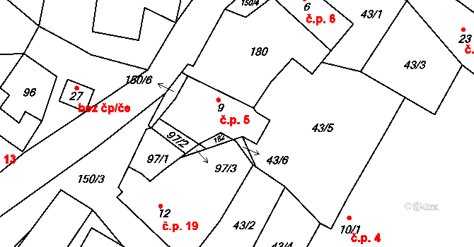 Vršice 5, Zásmuky na parcele st. 9 v KÚ Vršice, Katastrální mapa