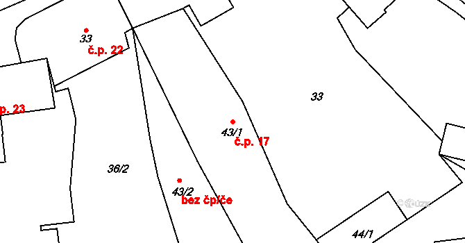 Komárovice 17, Kelč na parcele st. 43/1 v KÚ Komárovice, Katastrální mapa