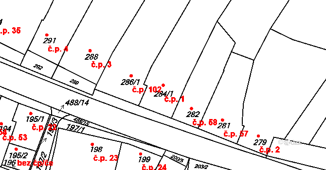 Kanice 1 na parcele st. 284/1 v KÚ Kanice, Katastrální mapa