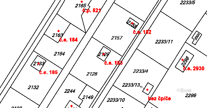 Křimice 183, Plzeň na parcele st. 2129 v KÚ Křimice, Katastrální mapa