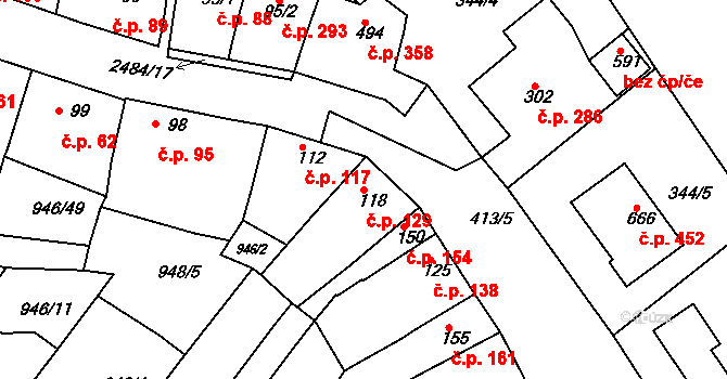 Čebín 129 na parcele st. 118 v KÚ Čebín, Katastrální mapa