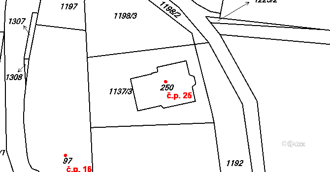 Humenec 25, Teplýšovice na parcele st. 250 v KÚ Teplýšovice, Katastrální mapa