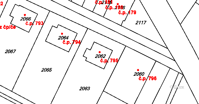 Jemnice 795 na parcele st. 2062 v KÚ Jemnice, Katastrální mapa