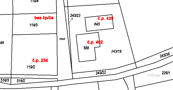 Přezletice 402 na parcele st. 588 v KÚ Přezletice, Katastrální mapa