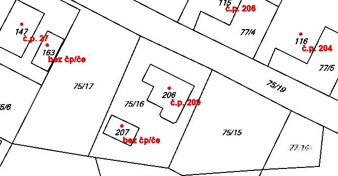 Dolní Bory 209, Bory na parcele st. 206 v KÚ Dolní Bory, Katastrální mapa