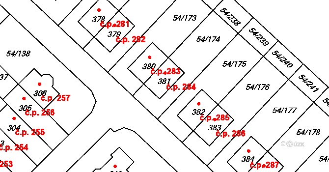 Postřižín 284 na parcele st. 381 v KÚ Postřižín, Katastrální mapa