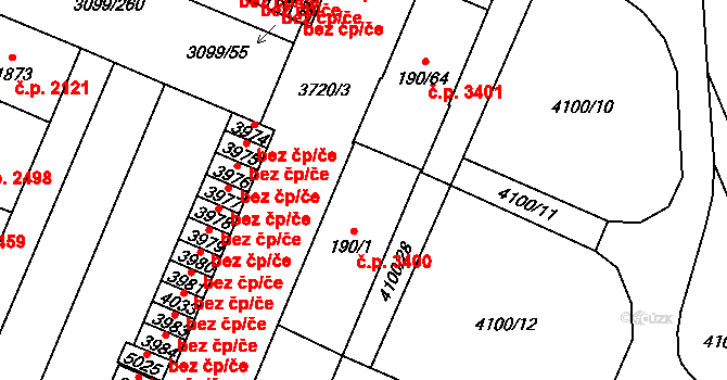 Břeclav 3400 na parcele st. 190/1 v KÚ Břeclav, Katastrální mapa