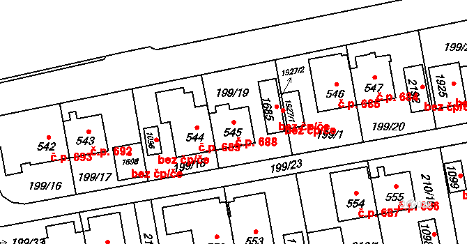Hrabůvka 688, Ostrava na parcele st. 545 v KÚ Hrabůvka, Katastrální mapa