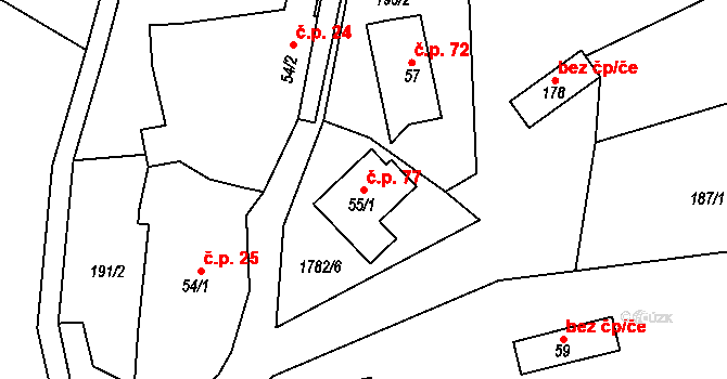 Březůvky 77 na parcele st. 55/1 v KÚ Březůvky, Katastrální mapa
