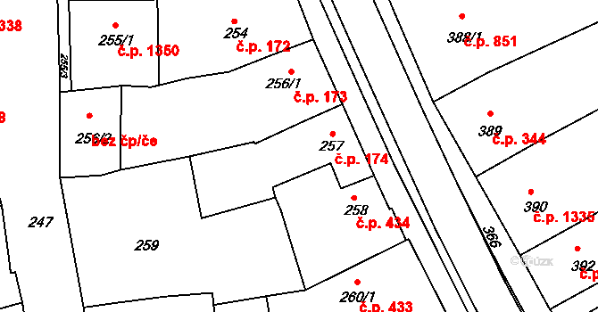 Třešť 174 na parcele st. 257 v KÚ Třešť, Katastrální mapa