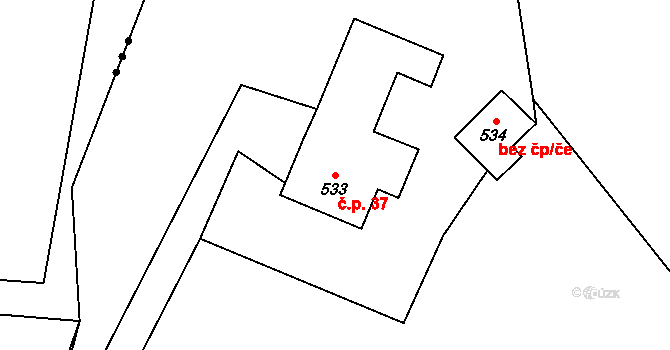 Koňákov 37, Český Těšín na parcele st. 533 v KÚ Koňákov, Katastrální mapa
