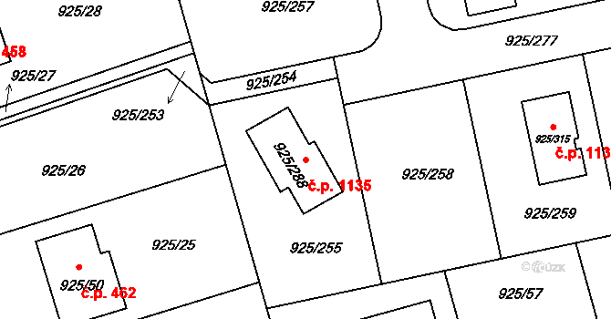 Srubec 1135 na parcele st. 925/288 v KÚ Srubec, Katastrální mapa