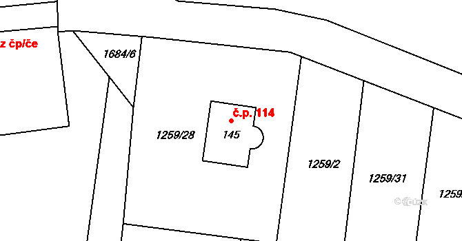 Želeč 114, Měcholupy na parcele st. 145 v KÚ Želeč u Žatce, Katastrální mapa