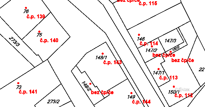 Chotusice 143 na parcele st. 148/1 v KÚ Chotusice, Katastrální mapa