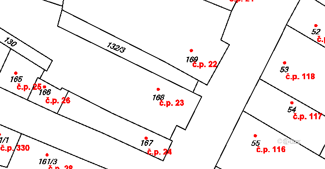 Rožďalovice 23 na parcele st. 168 v KÚ Rožďalovice, Katastrální mapa