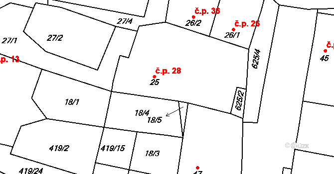 Výžerky 28 na parcele st. 25 v KÚ Výžerky, Katastrální mapa