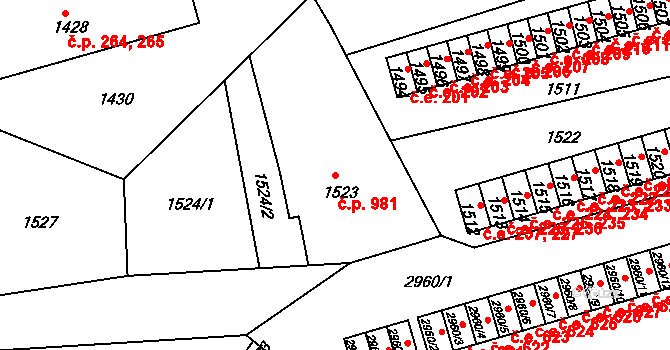 Děčín II-Nové Město 981, Děčín na parcele st. 1523 v KÚ Děčín, Katastrální mapa