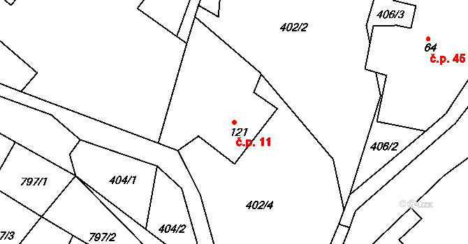 Roudný 11, Karlovice na parcele st. 121 v KÚ Karlovice, Katastrální mapa