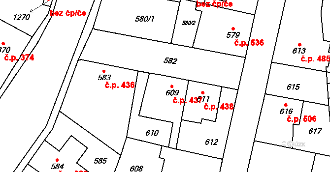 Kosmonosy 437 na parcele st. 609 v KÚ Kosmonosy, Katastrální mapa